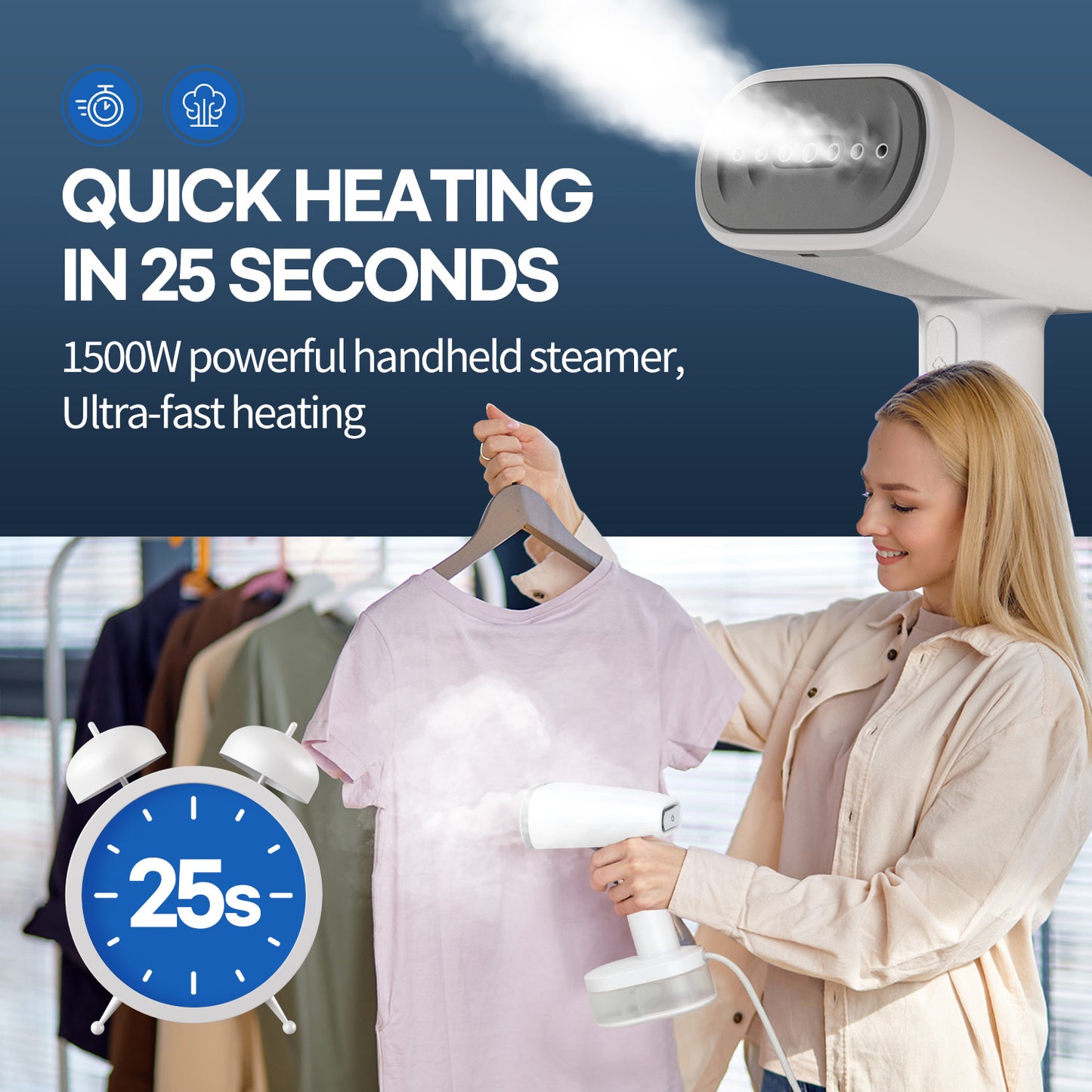 HubiCare Vaporizador para ropa, vaporizador portátil de mano para ropa con gran capacidad de 250 ml, vaporizador de tela de 1500 vatios, calentamiento rápido en 25 segundos, plancha de vapor de tela liviana para el hogar y viajes